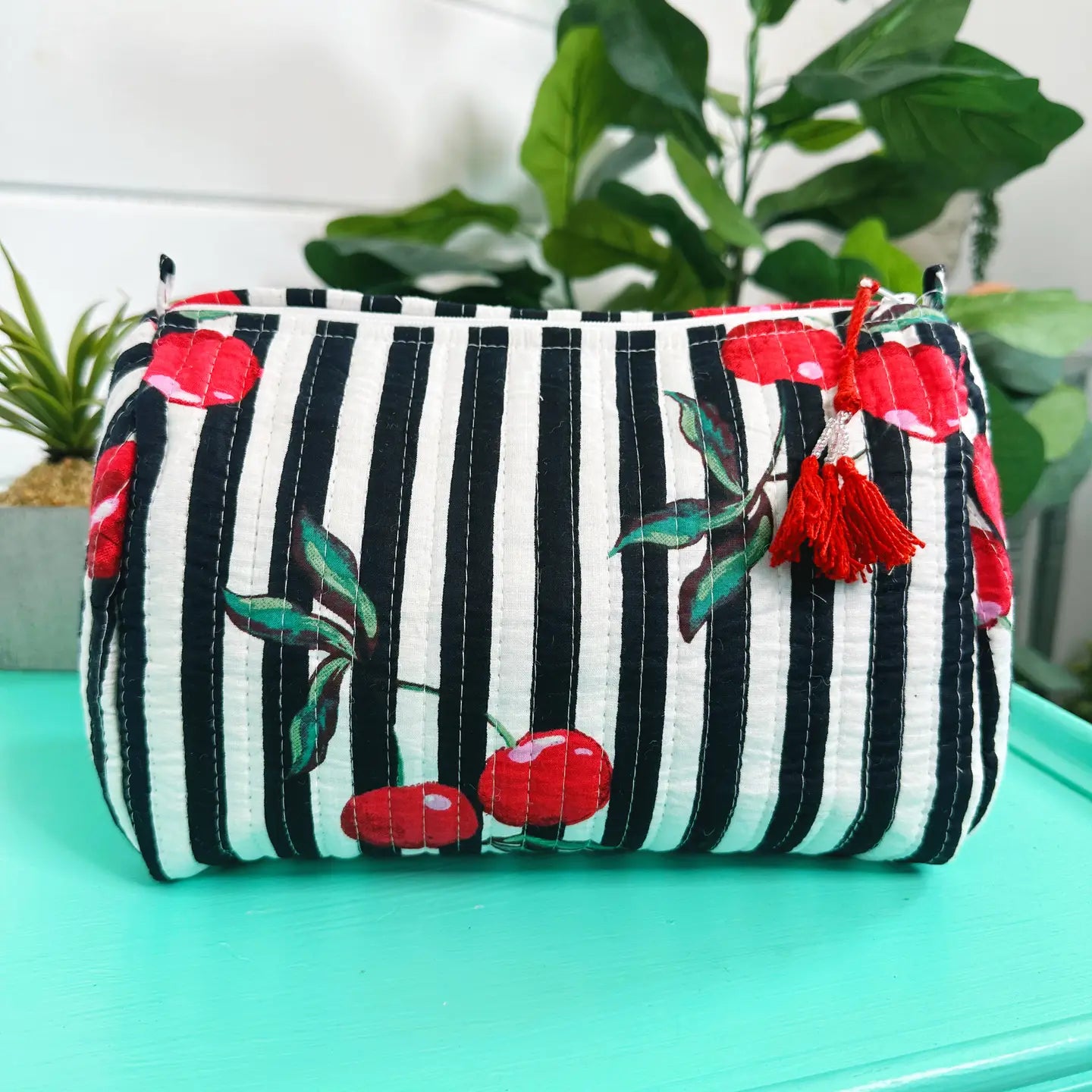 Cherry Print Quilted Cosmetic Bag