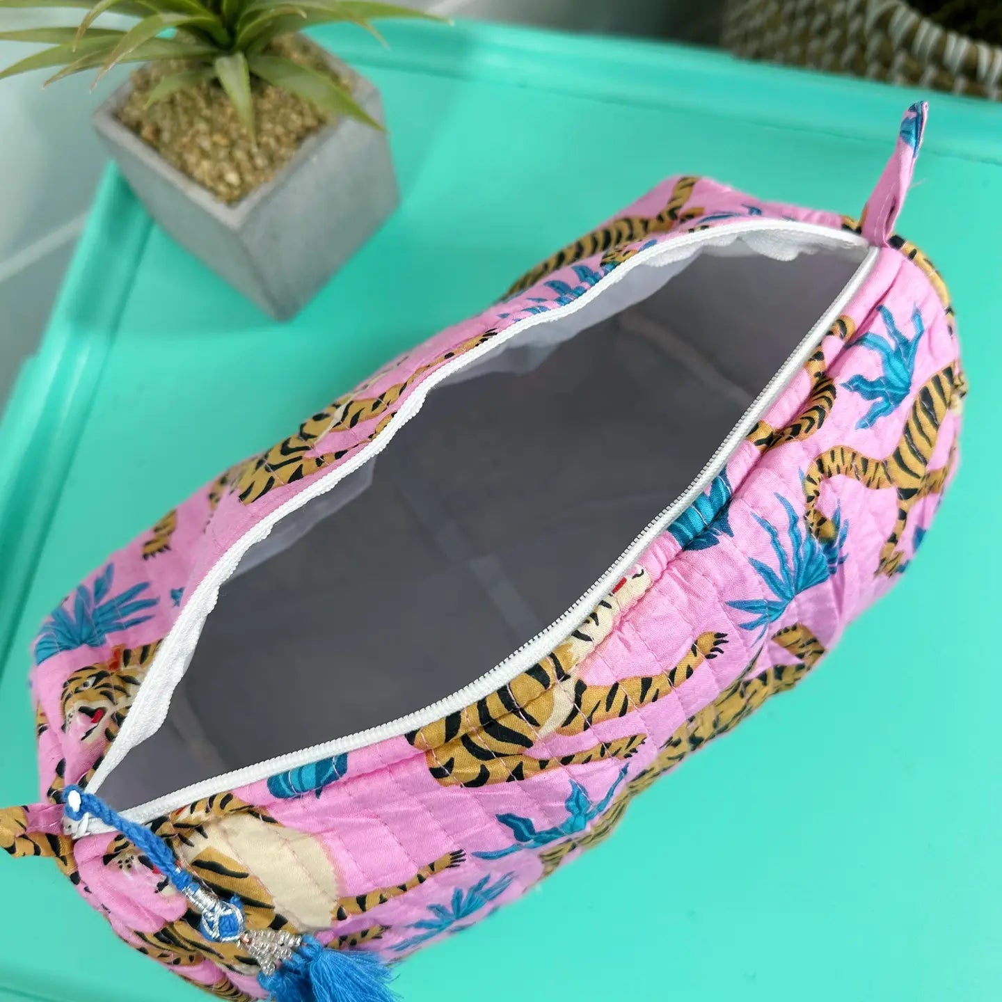 Purple Tiger Print Quilted Cosmetic Bag